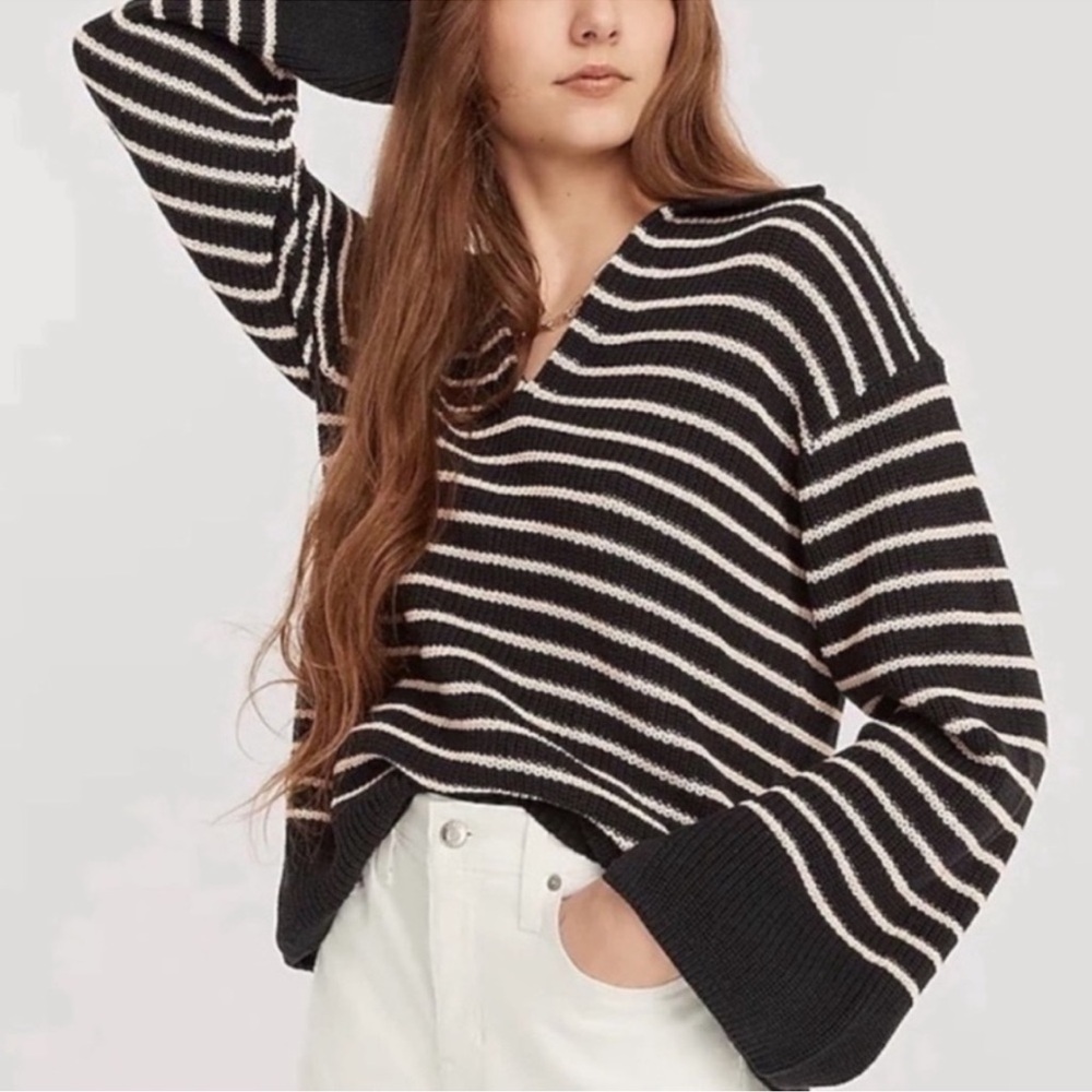 J. Crew Navy Striped Collared Cotton Knit Sweater | Size Small - Picture 2 of 7